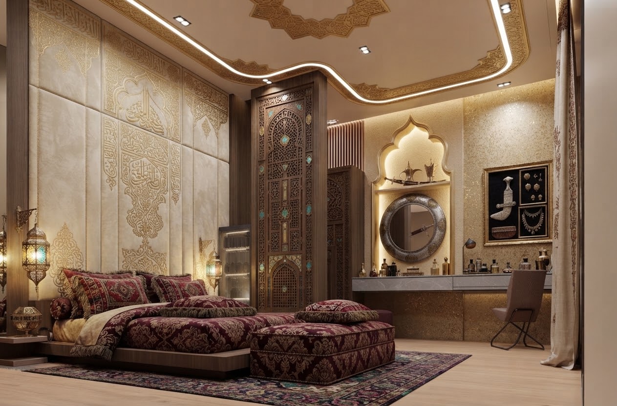 Arabic-style luxury bedroom with gold calligraphy wall and mashrabiya divider