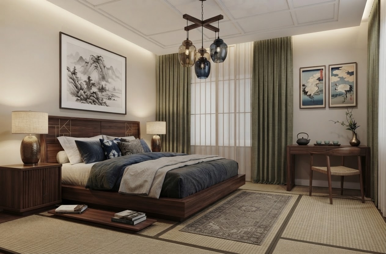Japanese-style walnut bedroom with crane artwork and green curtains