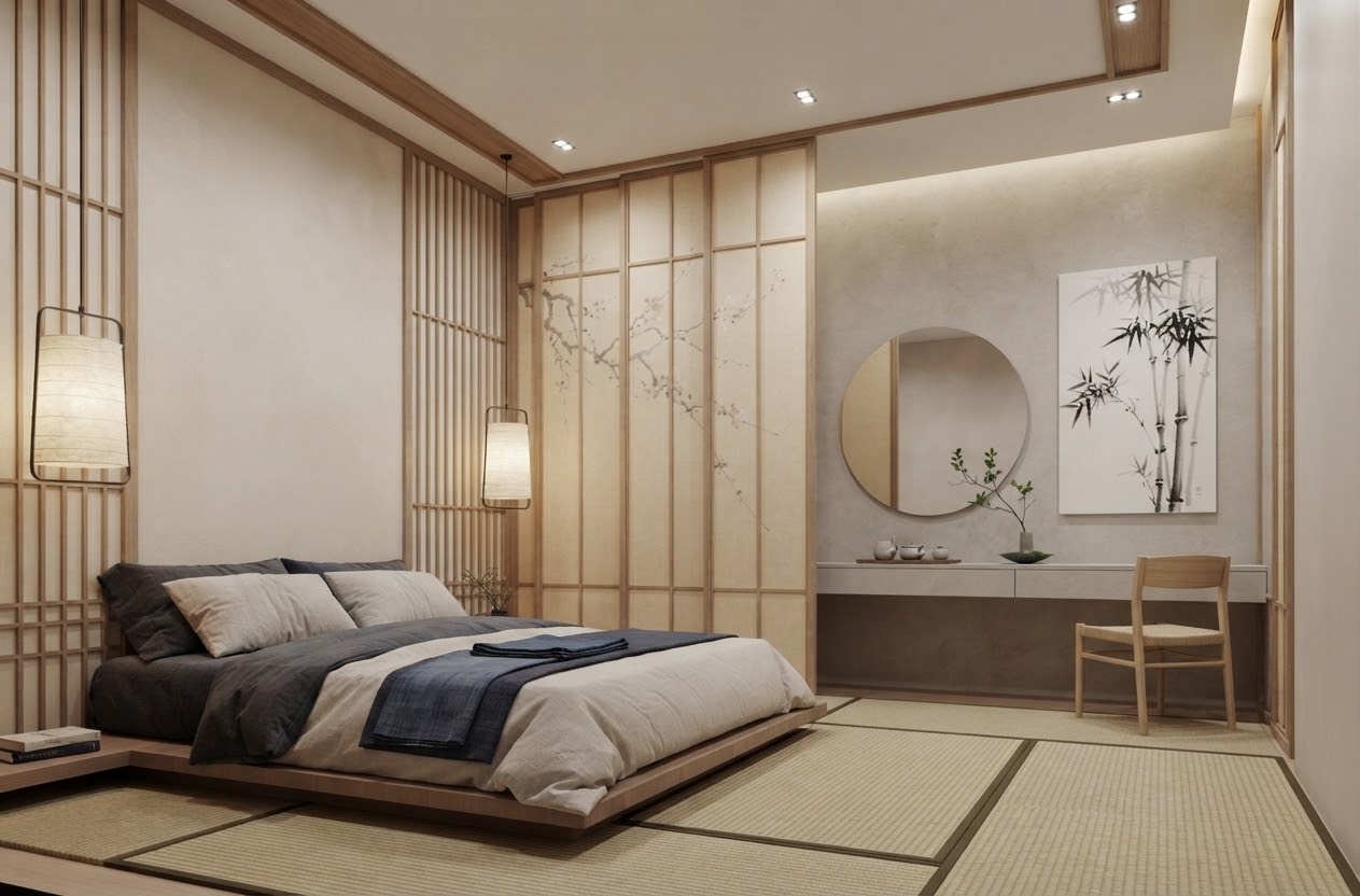 Japanese zen bedroom with shoji screens and platform bed