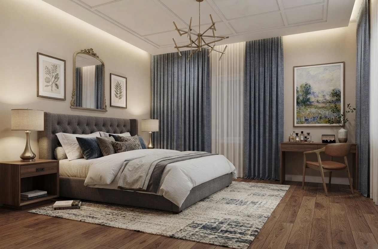 Modern bedroom with gray tufted headboard and blue curtains