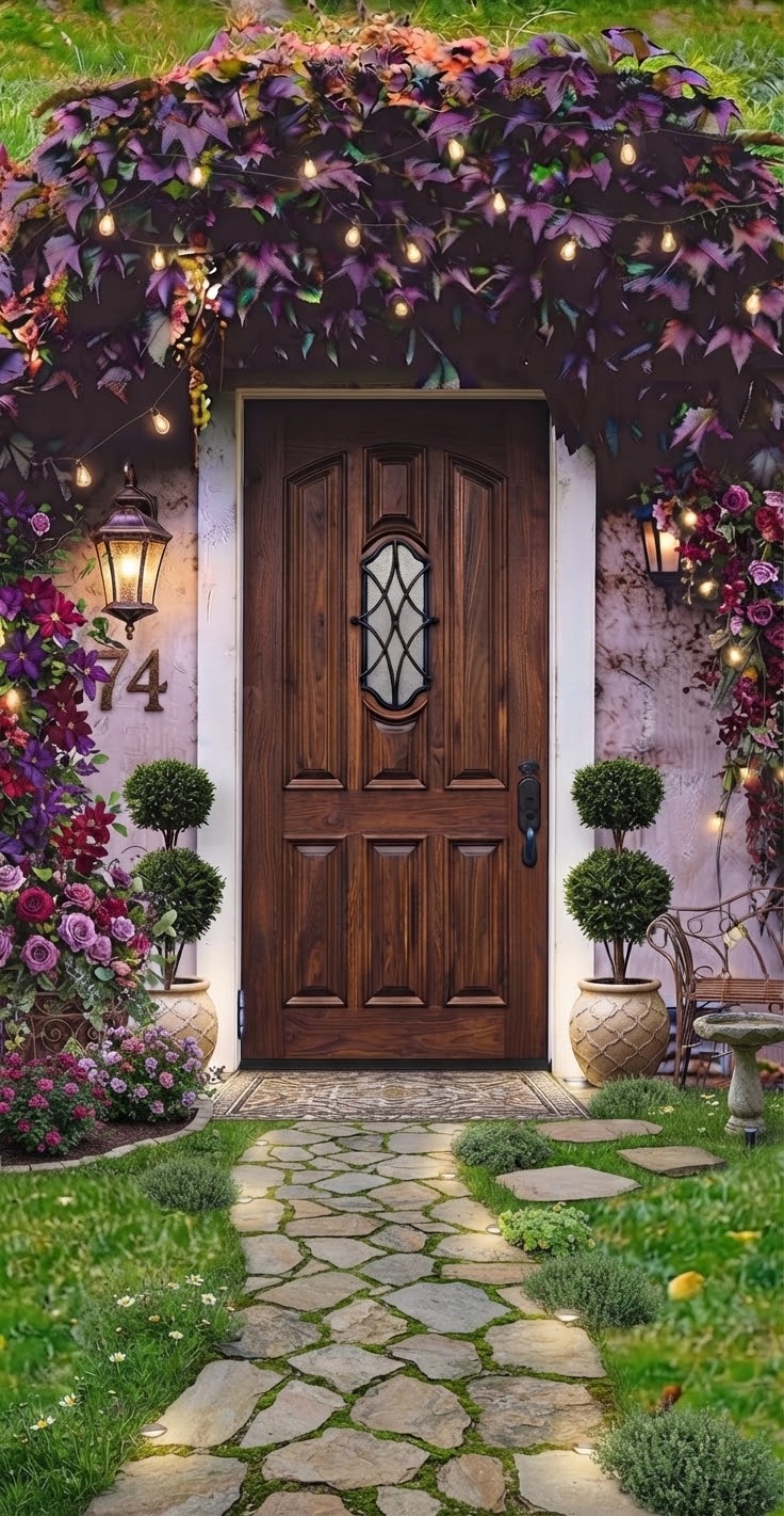 Front door framed with flowers and string lights