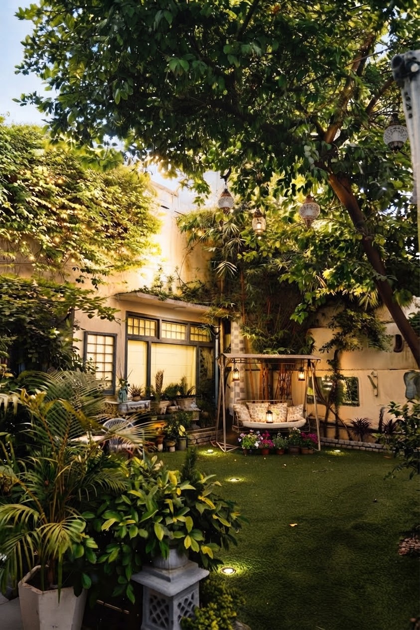 Cozy garden with swing, daytime