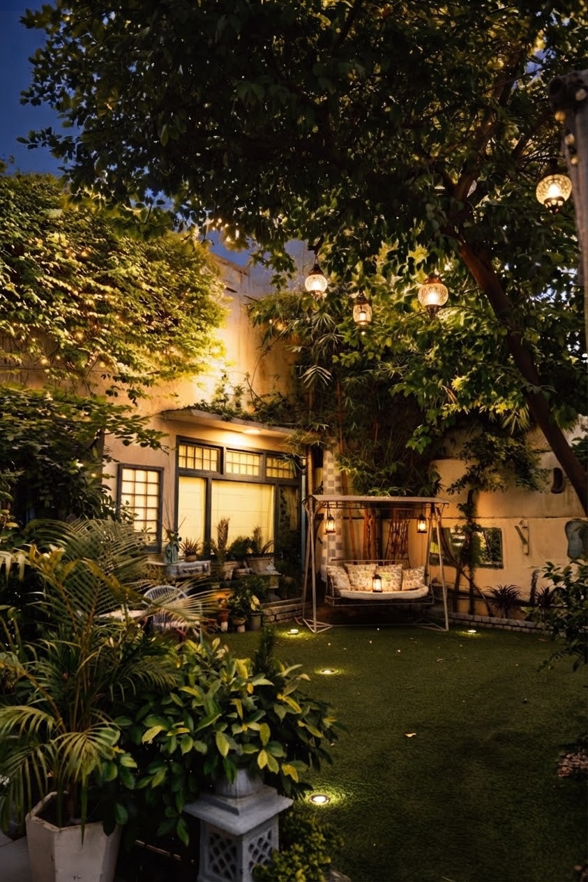 Cozy garden with swing, lit up at night