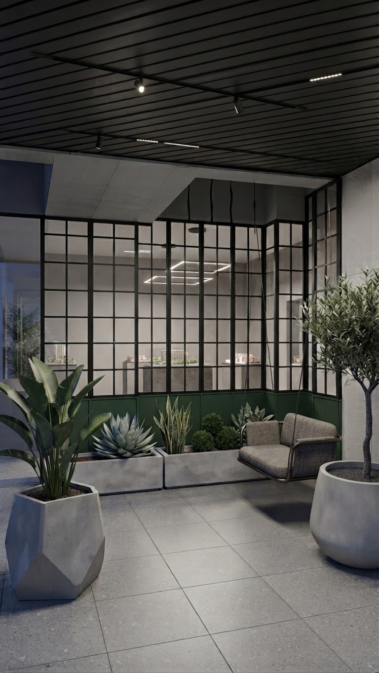 Glass-walled veranda with plants and swing chair