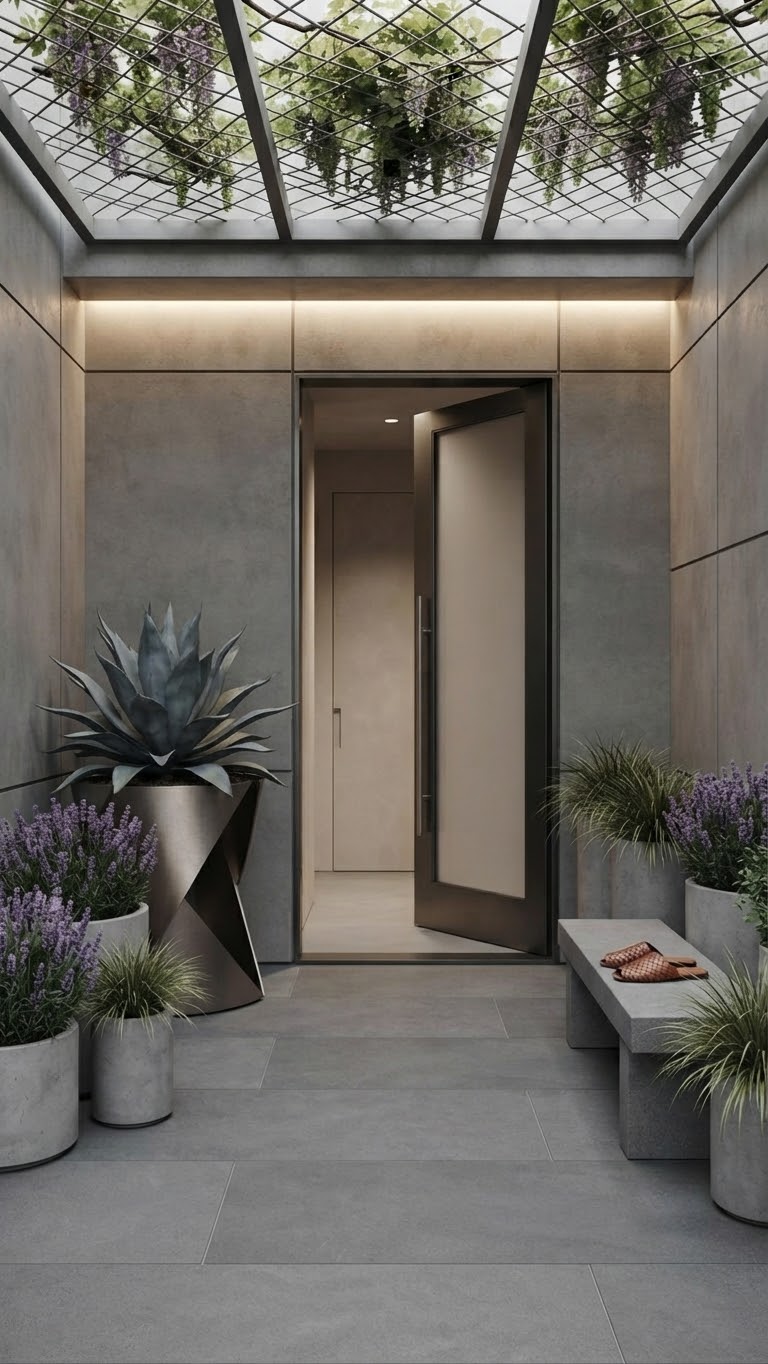 Modern concrete entrance with glass pergola