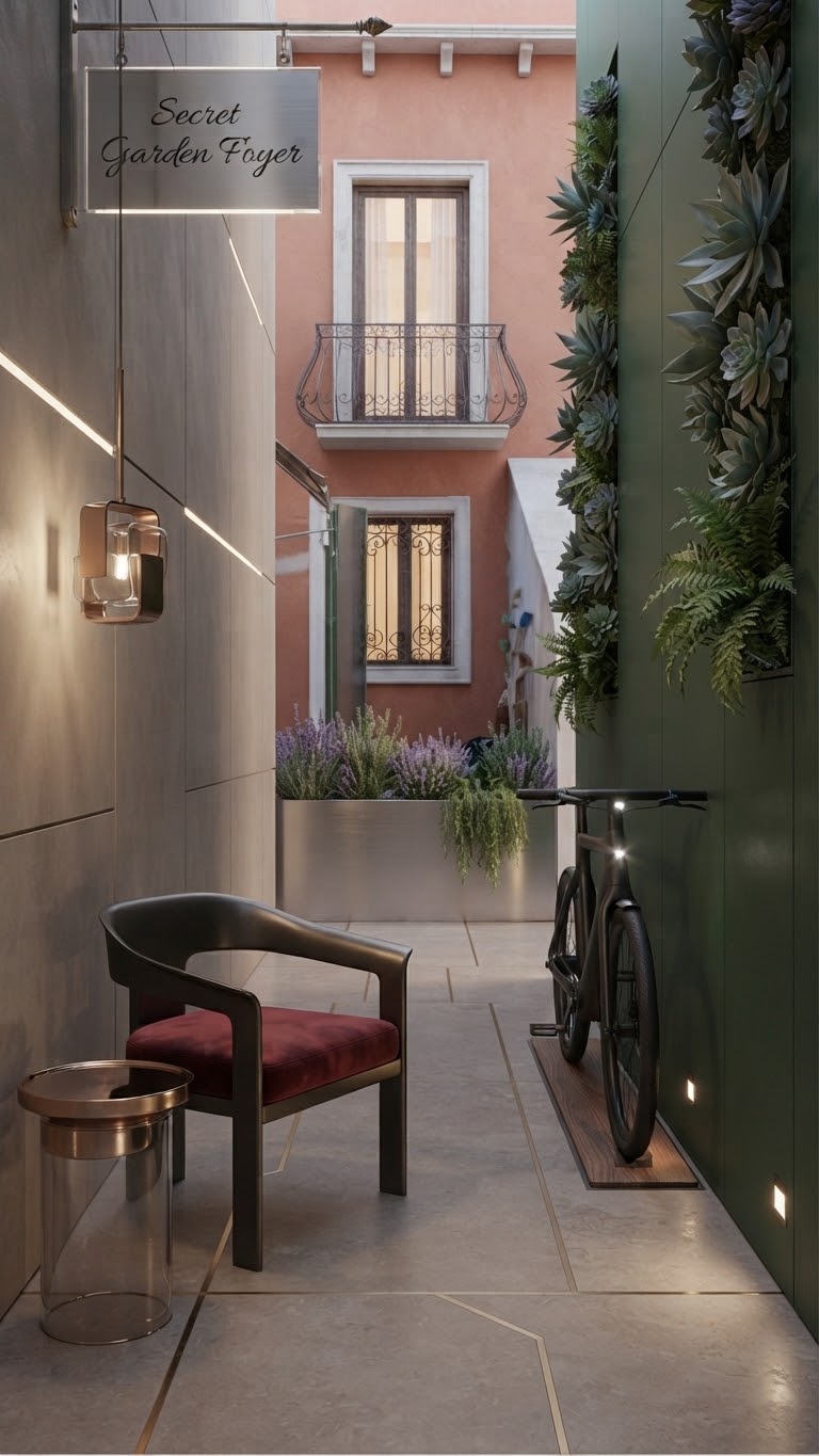Narrow entrance alley with green living wall