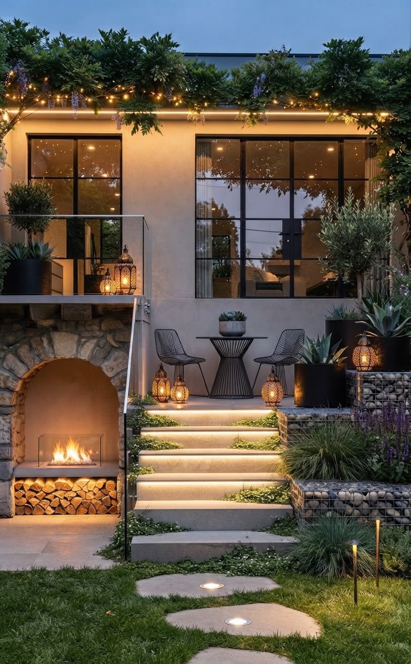 Modern terraced backyard with stone outdoor fireplace