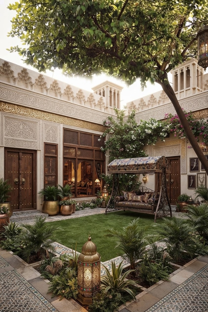 Arabic-style courtyard with mashrabiya walls, lawn, and swing daybed