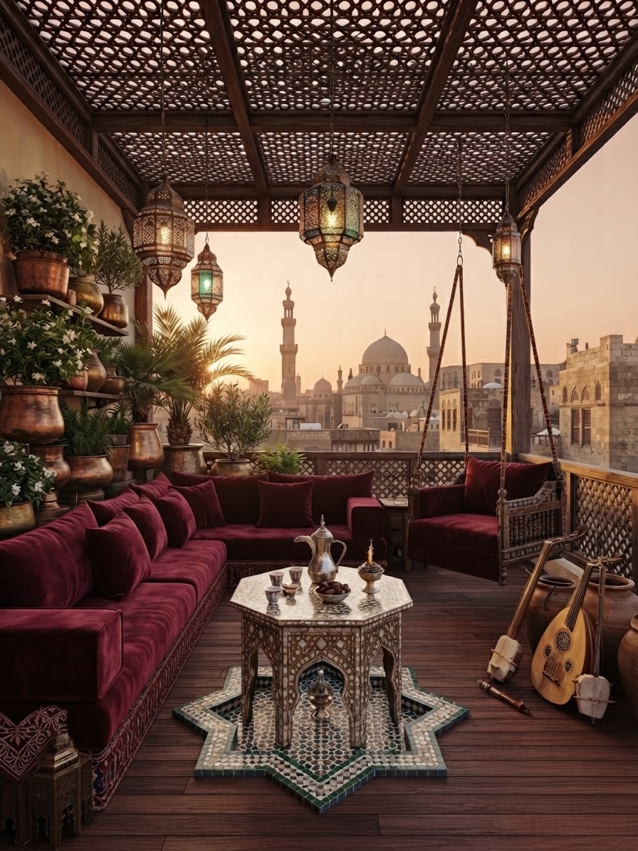 Arabic-style rooftop majlis with lanterns and mashrabiya ceiling