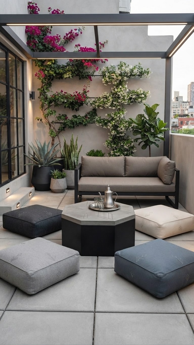 Rooftop lounge with a flowering bougainvillea trellis wall