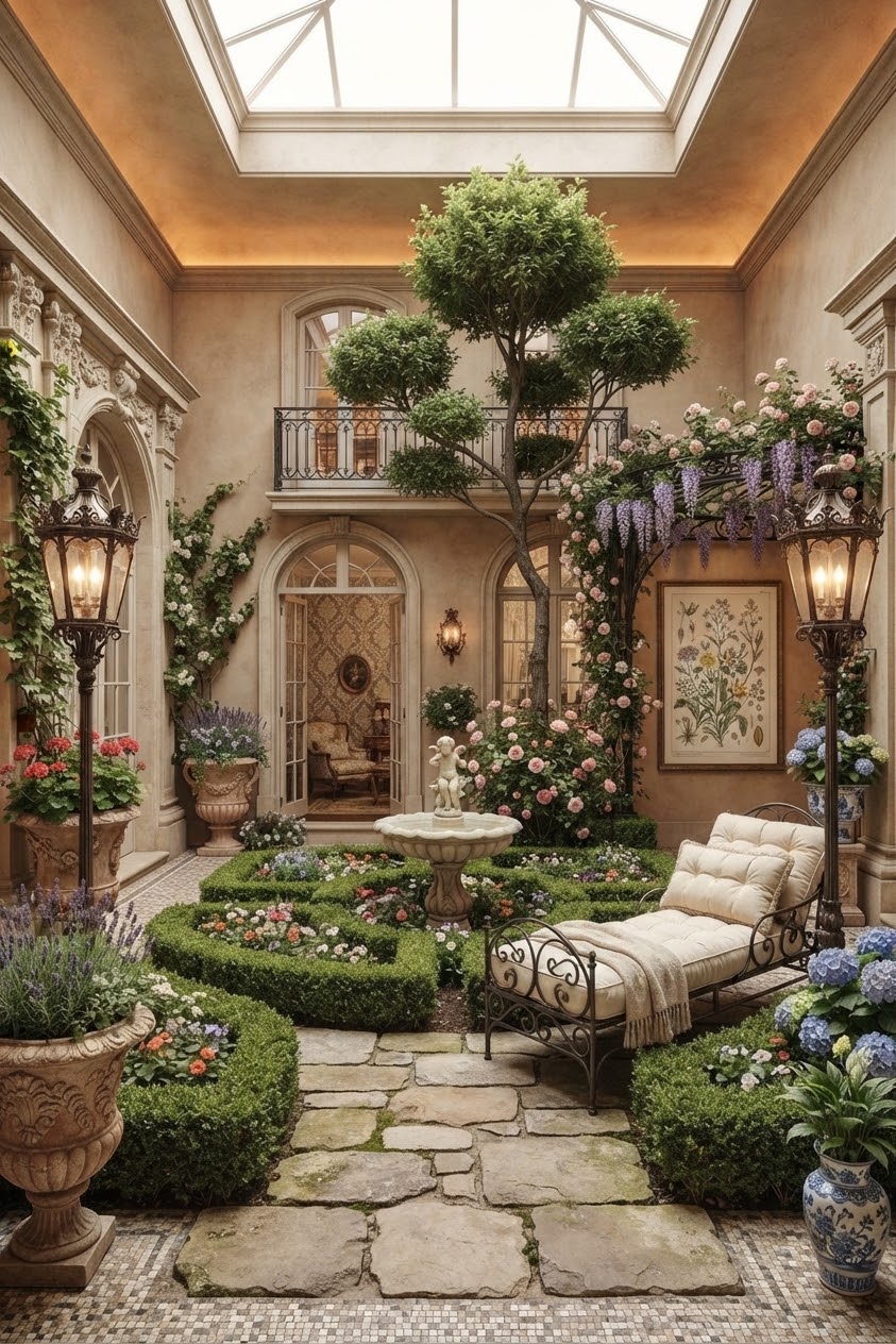 Glass-roofed French courtyard with fountain, roses, and topiary