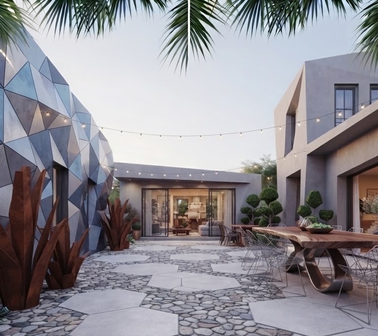 Modern courtyard with geometric dome wall and dining table