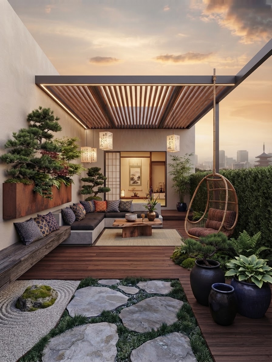 Japanese zen rooftop garden with bonsai and rock garden