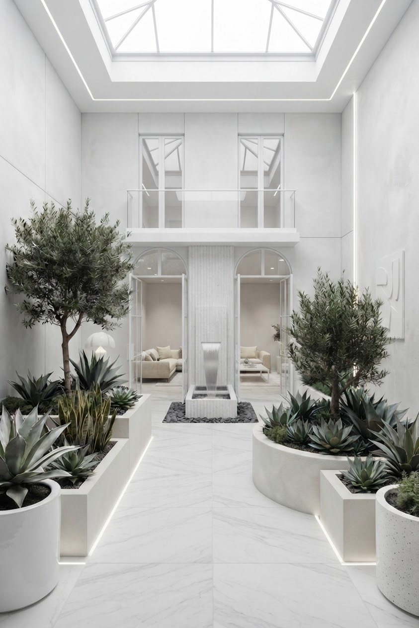 Minimalist white marble atrium courtyard with skylight, olive trees, and water feature