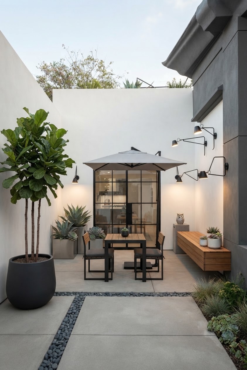 Modern patio with dining set and sconce lighting