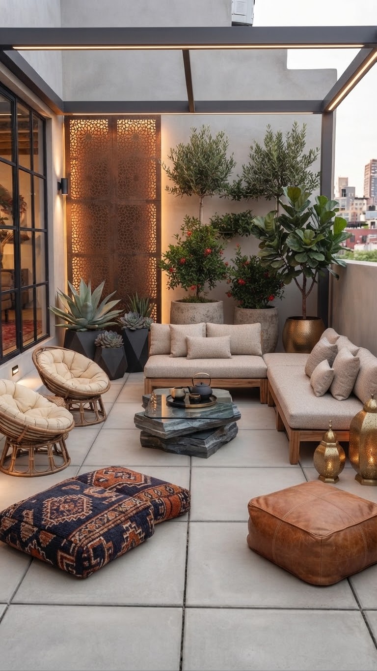 Moroccan-style rooftop lounge with papasan chairs and lanterns
