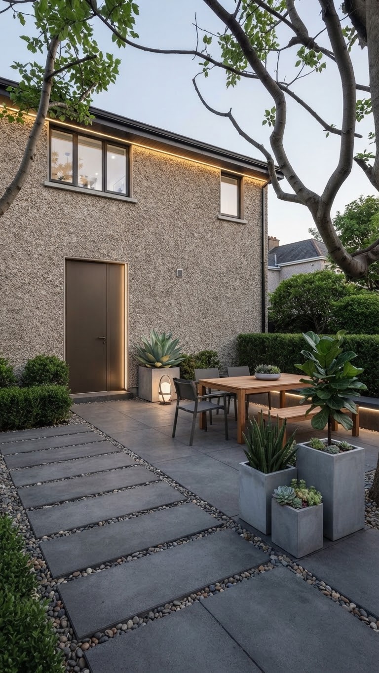 House entrance patio with concrete pavers and pebble borders