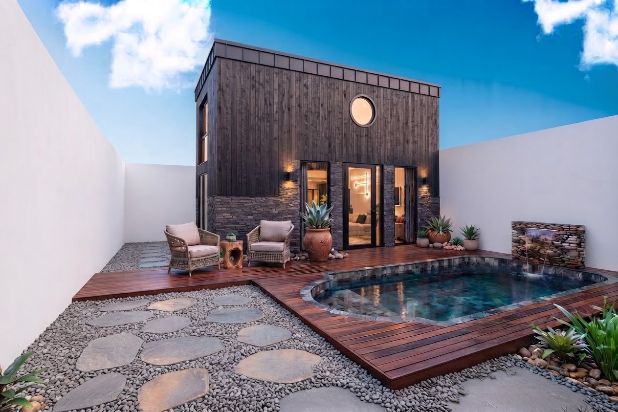 Backyard with plunge pool, wooden deck, and pebble path