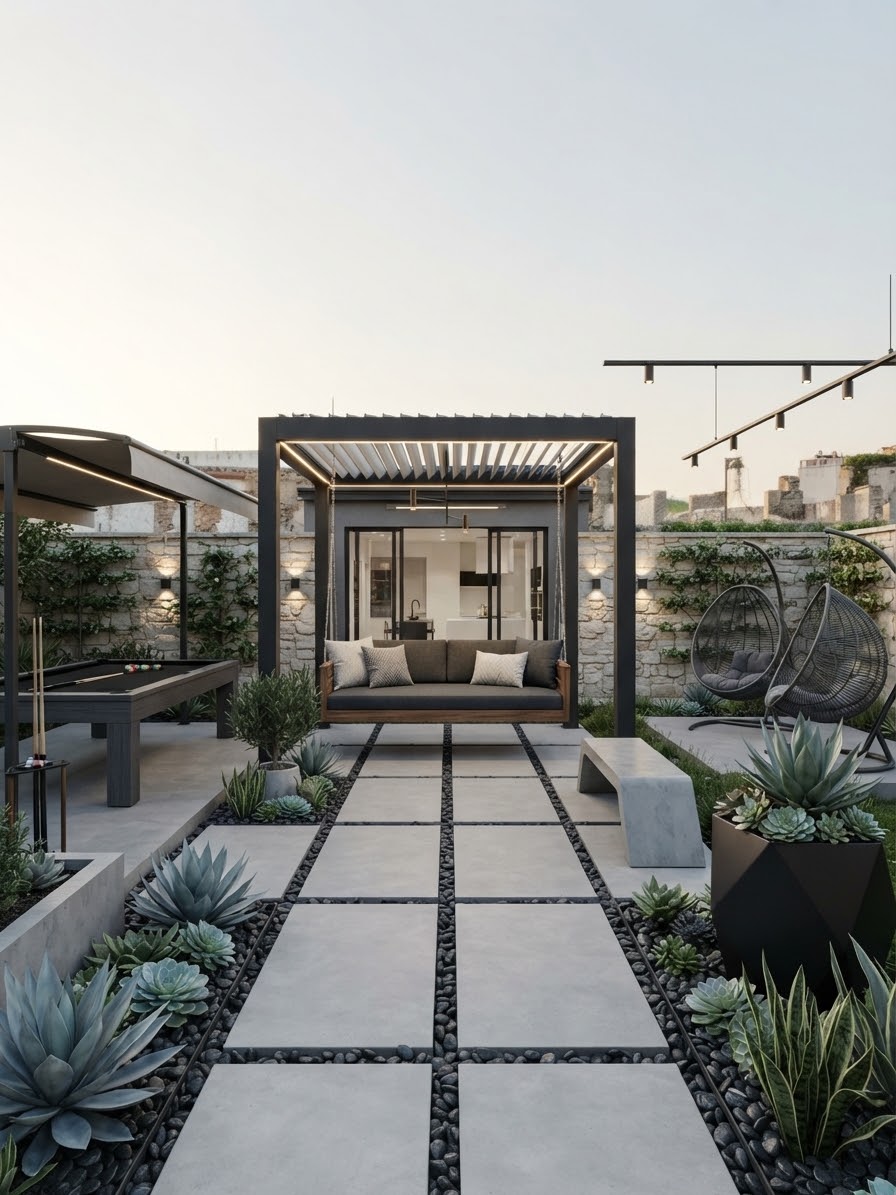 Rooftop garden lounge with pergola, swing sofa, and pool table
