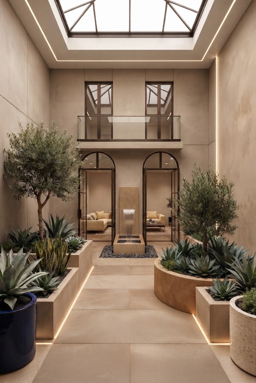 Warm sandstone atrium courtyard with skylight, olive trees, and water feature