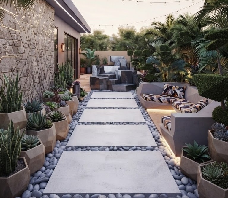 Stone wall garden lounge with fire feature and palms