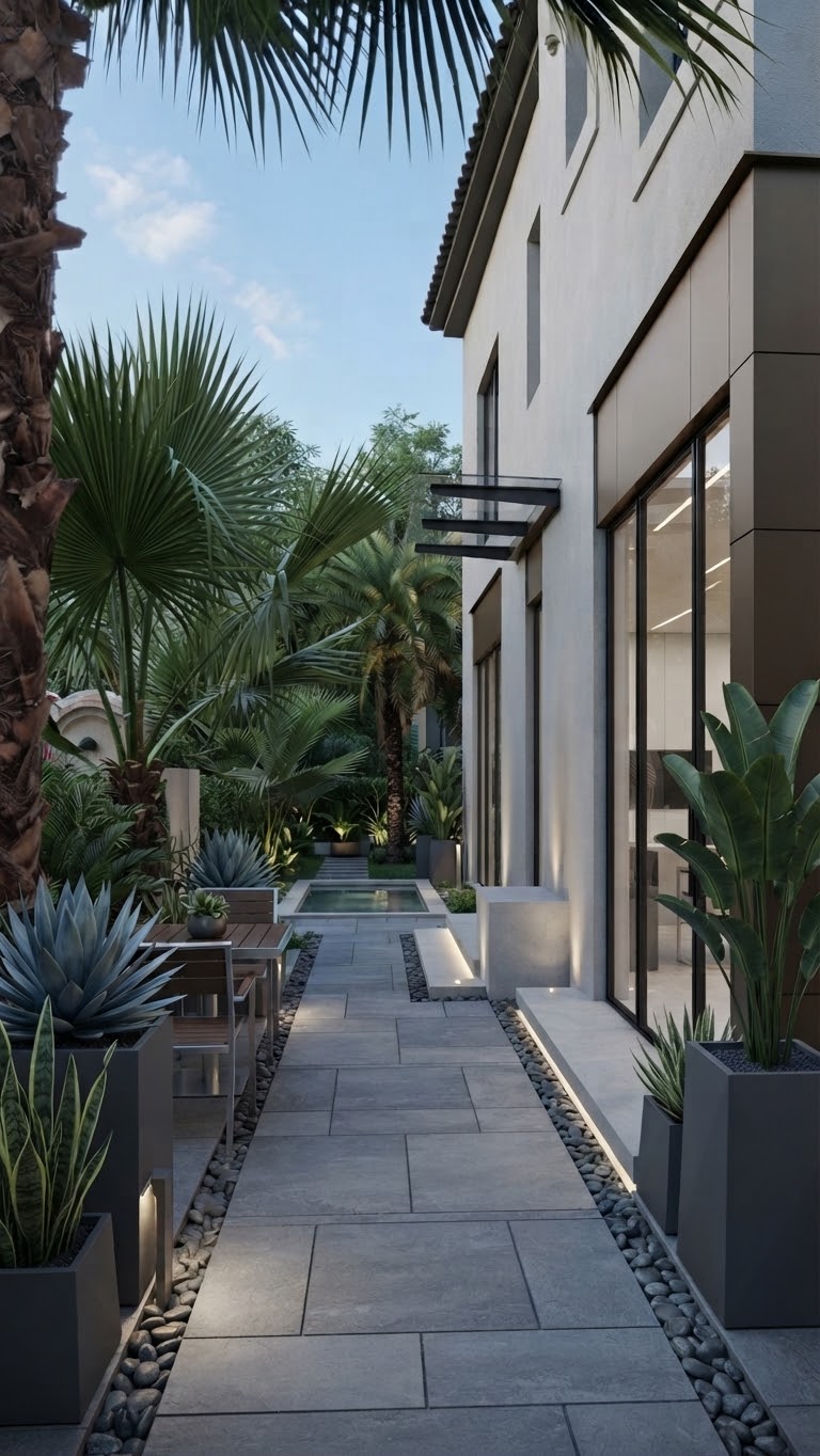 Tropical garden path with palms and reflecting pool