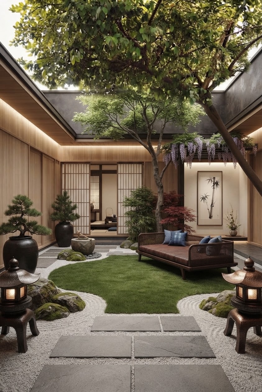 Japanese zen indoor courtyard with raked gravel and bonsai