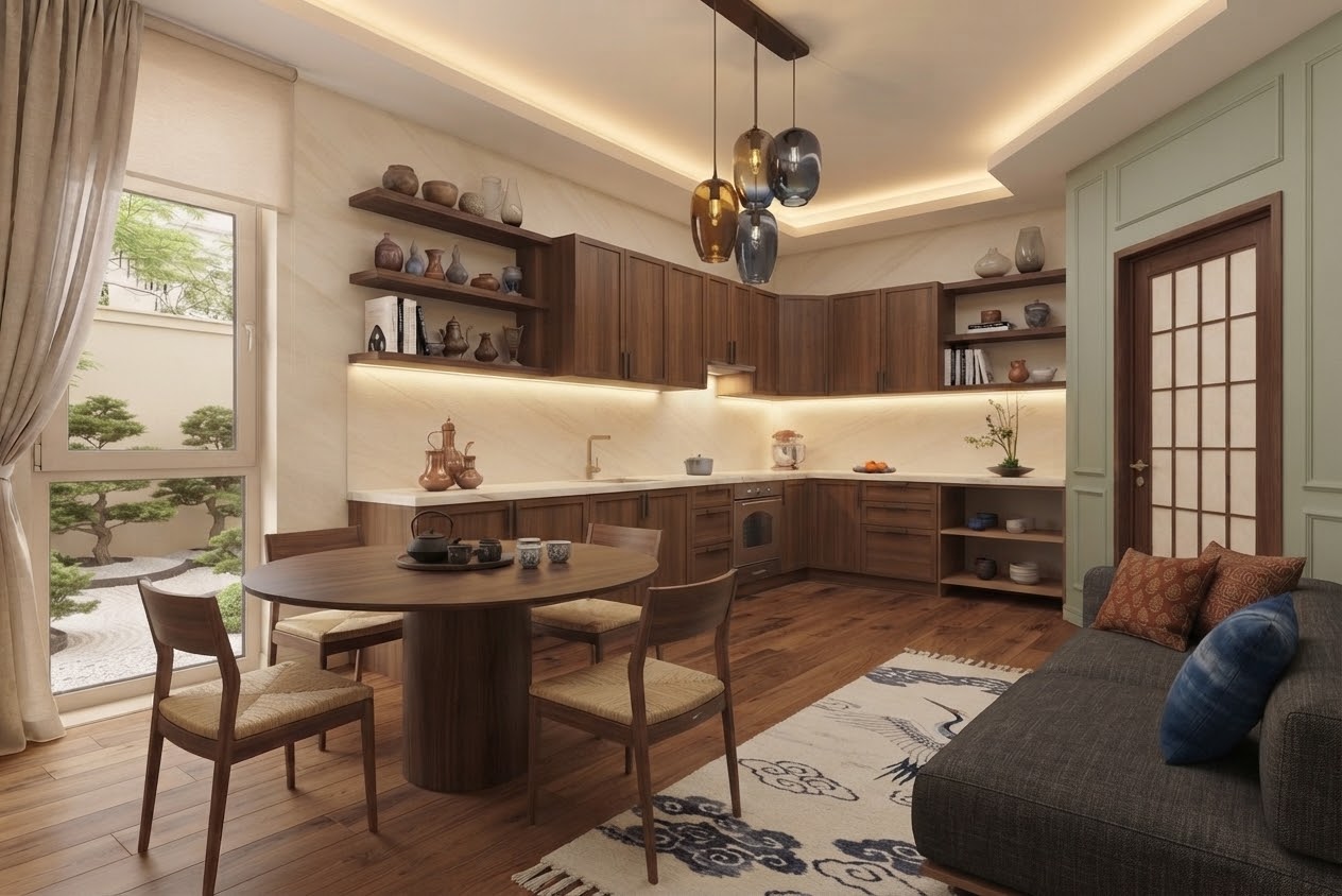 Japanese-style walnut kitchen and dining with garden view