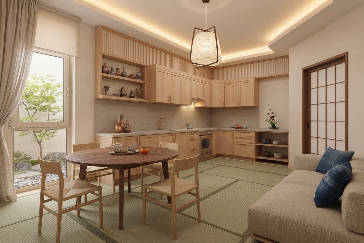 Japanese zen kitchen and dining with tatami flooring and rock garden view
