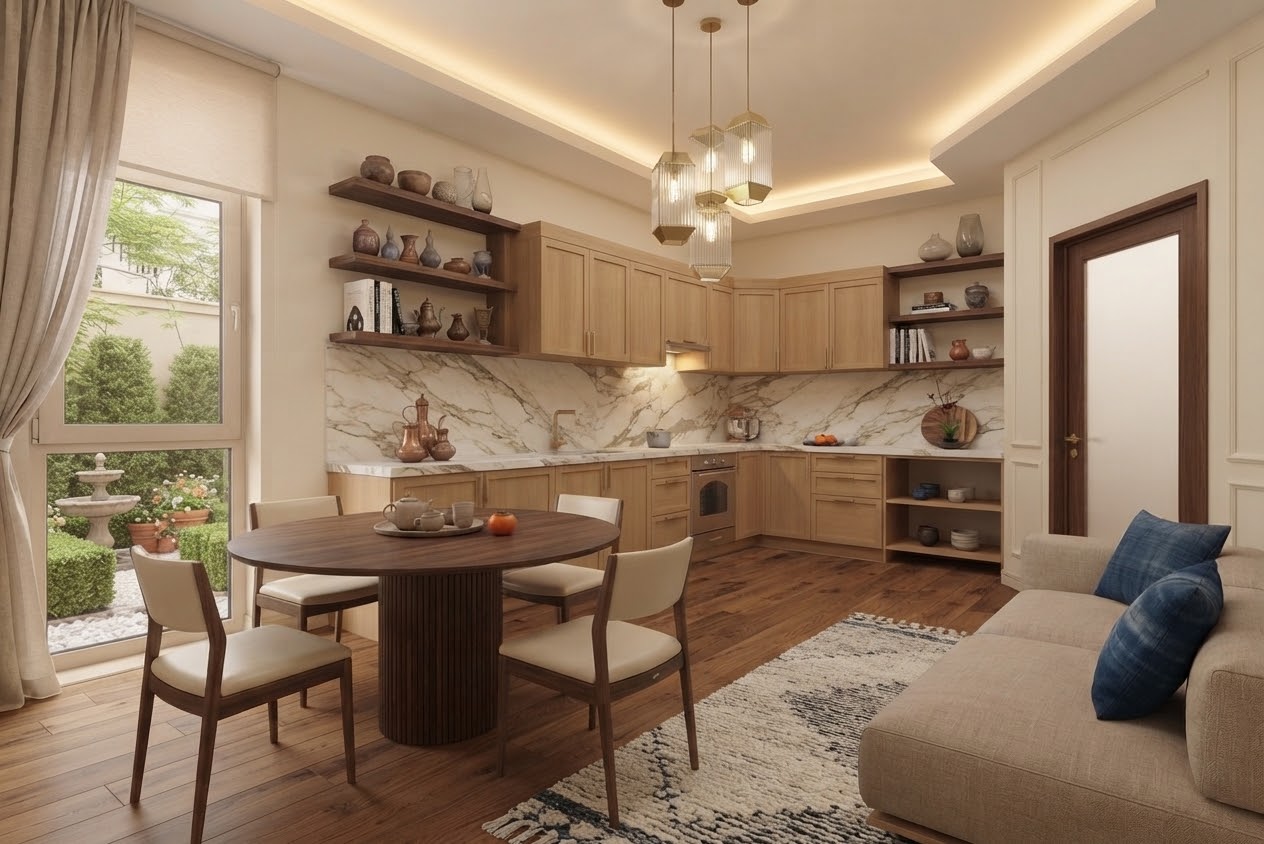 Light wood kitchen with marble backsplash and garden fountain view