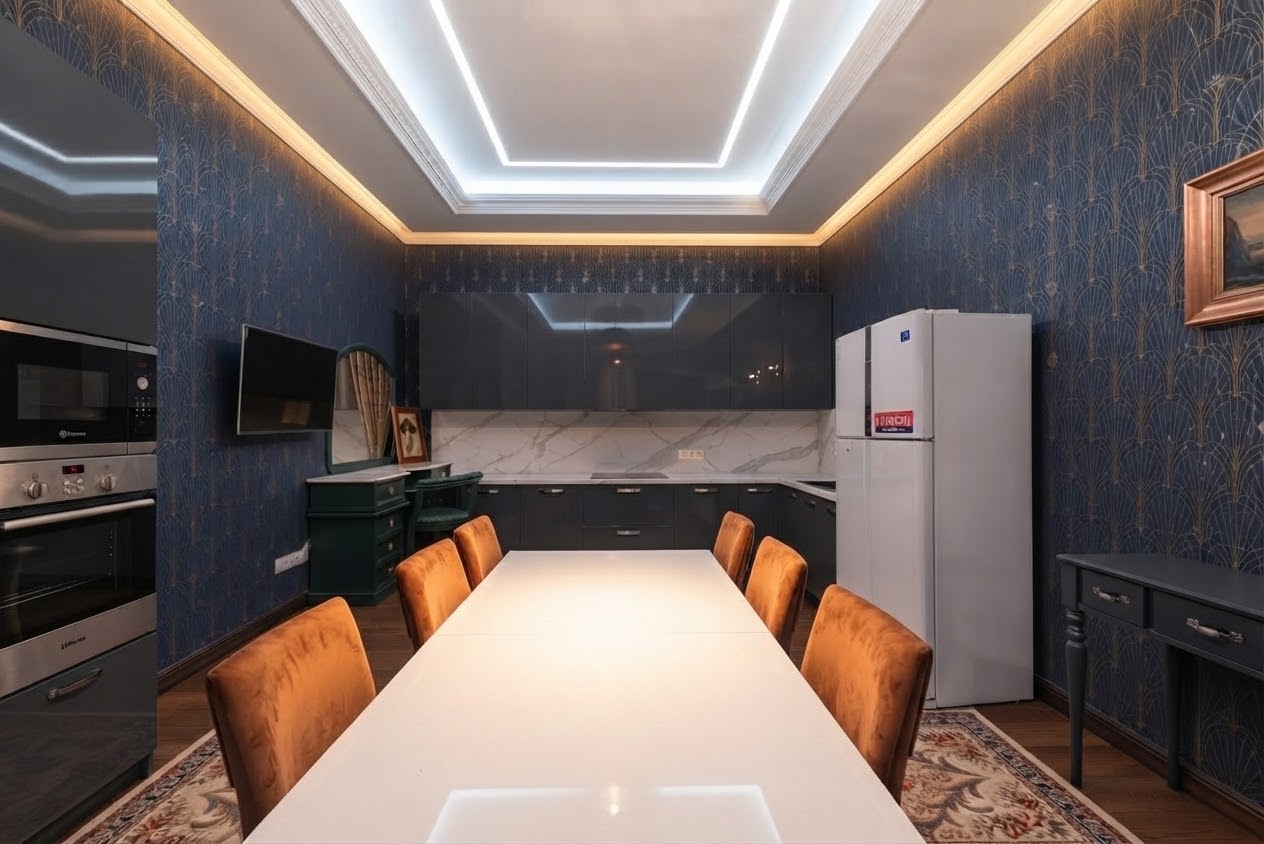 Navy art deco kitchen and dining