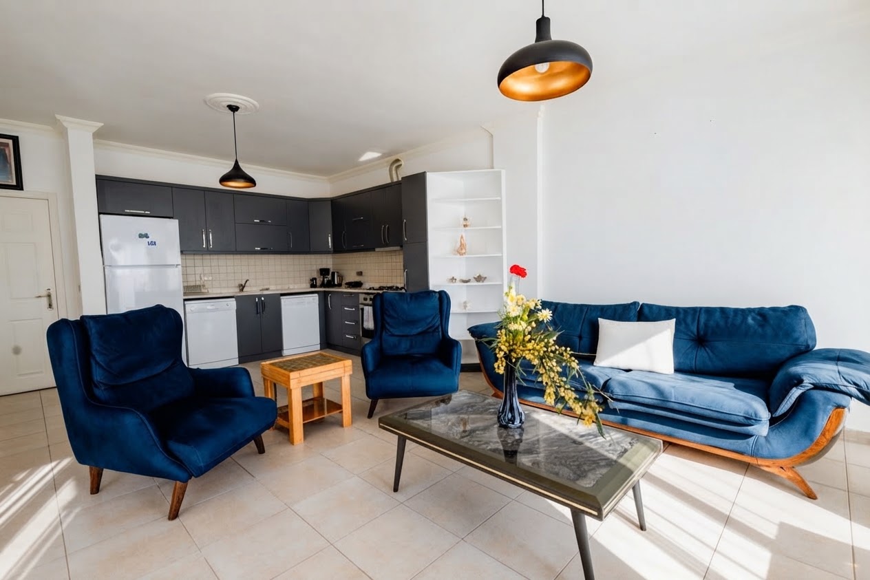 Bright blue eclectic living room