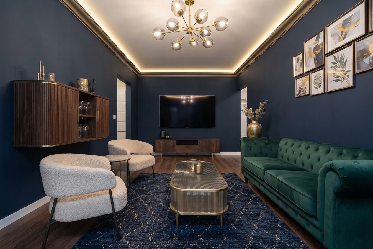 Navy and emerald living room